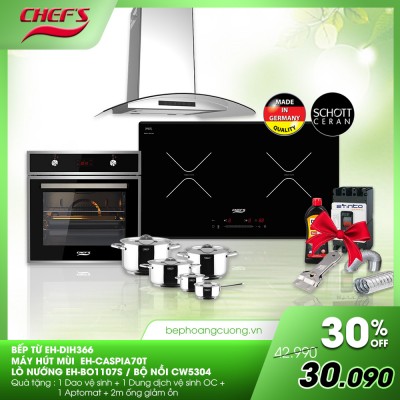 COMBO 13: bếp từ Chefs EH-DIH366 New + hút EH-CASPIA70T + lò nướng EH-BO1107S + bộ nồi CW5304