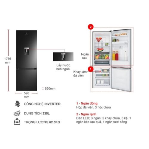 Kích thước tủ Lạnh 2 cánh Inverter 335 Lít Electrolux EBB3742M-H
