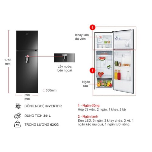 Kích thước tủ Lạnh 2 cánh Inverter 341 Lít Electrolux ETB3740M-H