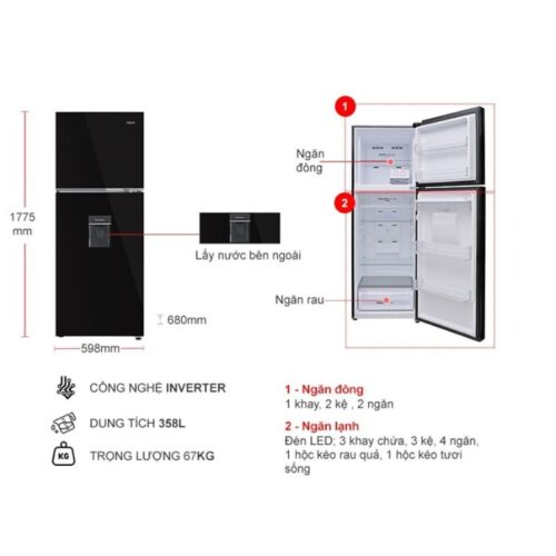 Kích thước tủ Lạnh 2 cánh Inverter 358 Lít Aqua AQR-T410FA(WGB)