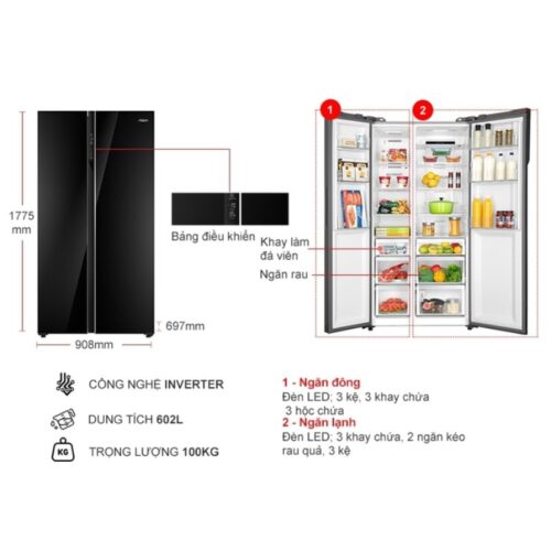 Kích thước tủ Lạnh 2 cánh side by side Inverter 602 Lít Aqua AQR-IG696FS (GB)