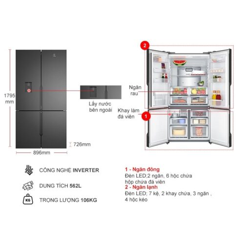Kích thước tủ Lạnh 4 cánh Multi Doors Inverter 562 Lít Electrolux EQE5660A-B