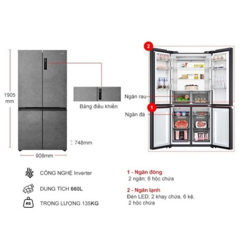 Kích thước tủ Lạnh 4 cánh Multi Doors Inverter 660 Lít Aqua AQR-M727XA(GS)U1